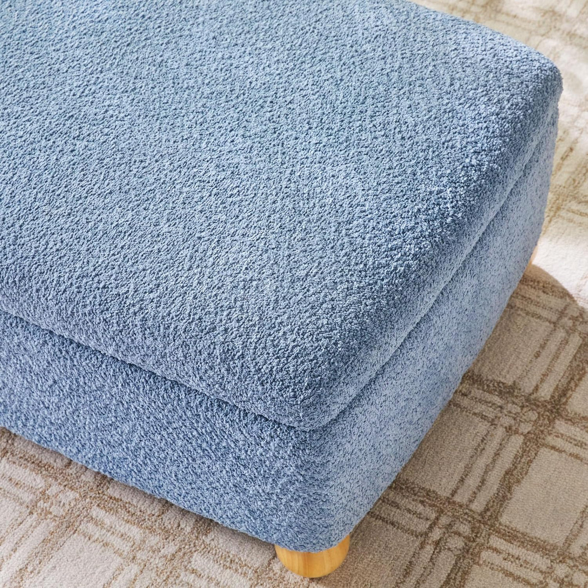 Walker Edison Linley Contemporary Large Storage Bouclé Ottoman with Wood Legs, Soft Blue