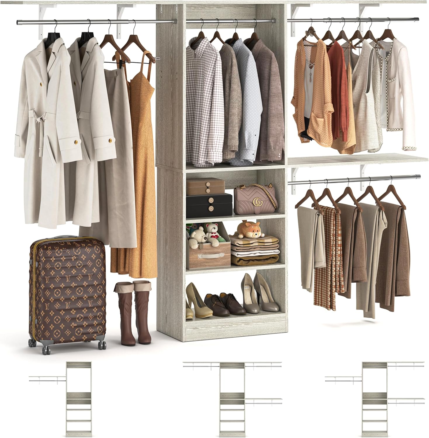 8FT Closet System with Shelves, 96'' Closet Organizer System with 3 Hanging Rods, Wall Mount
