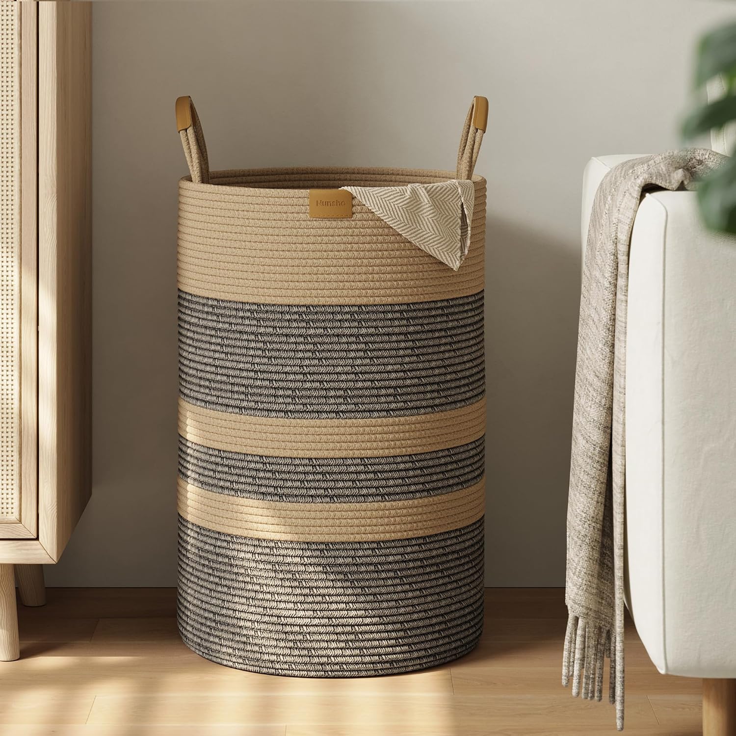 75L Striped Laundry Hamper with Leather Handles,Large Foldable Laundry Basket for Clothes,Cotton