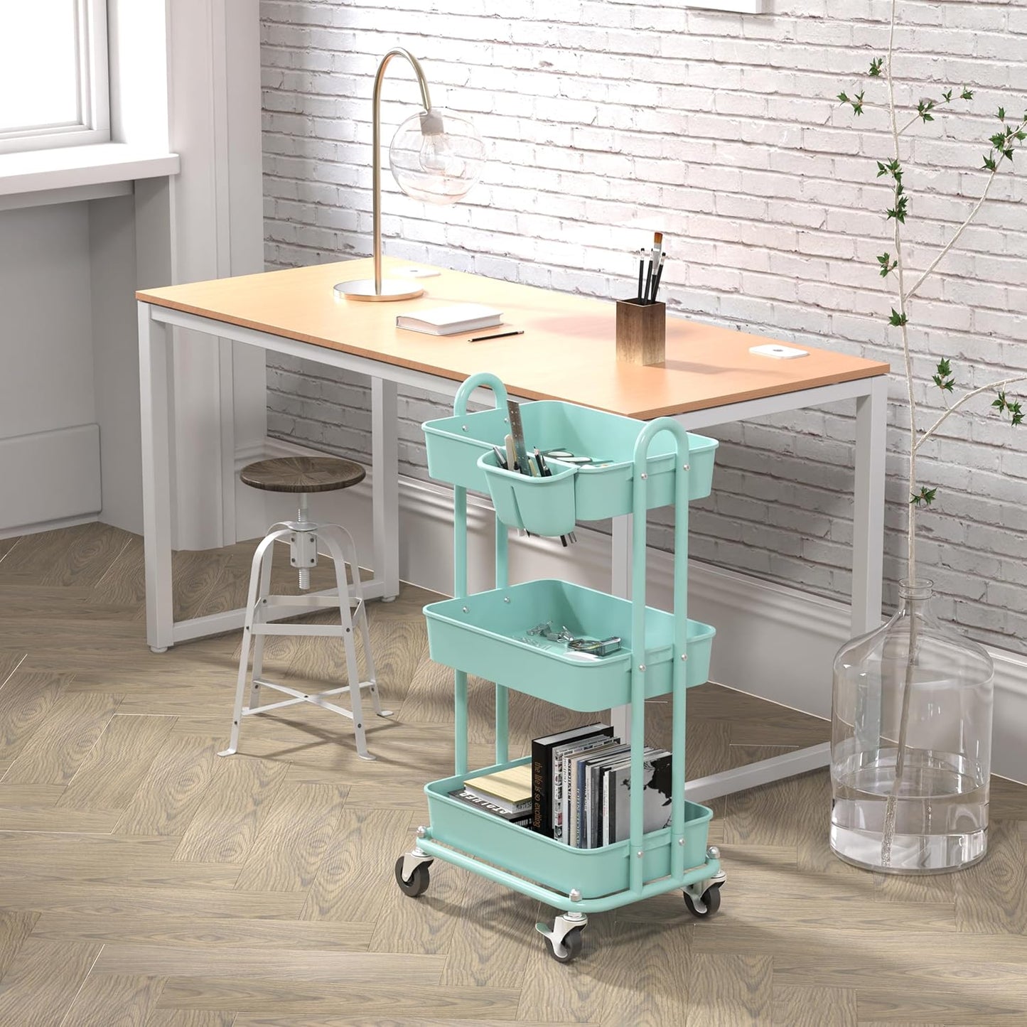 Simple Houseware 3-Tier Multifunctional Rolling Utility Cart with Hanging Bucket, Turquoise
