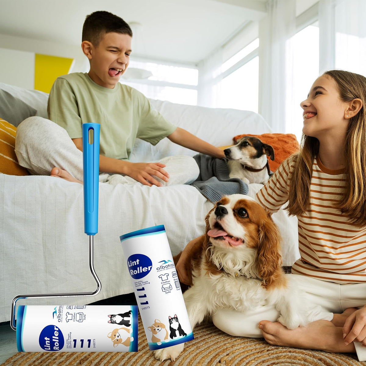 Large Surface Extra Sticky Lint Roller 6.3'', 444 Sheets Long Handle Pet Hair Removal, Dog and Cat