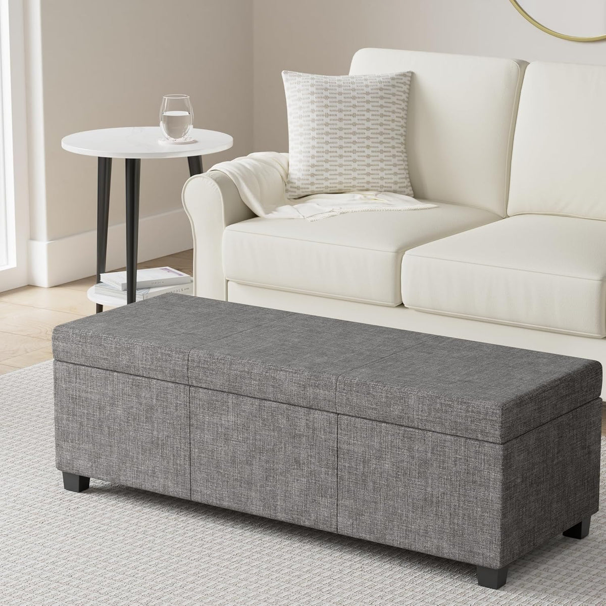 SIMPLIHOME Avalon 48 inch Wide Contemporary Rectangle Storage Ottoman Bench in Dark Grey Tweed Look