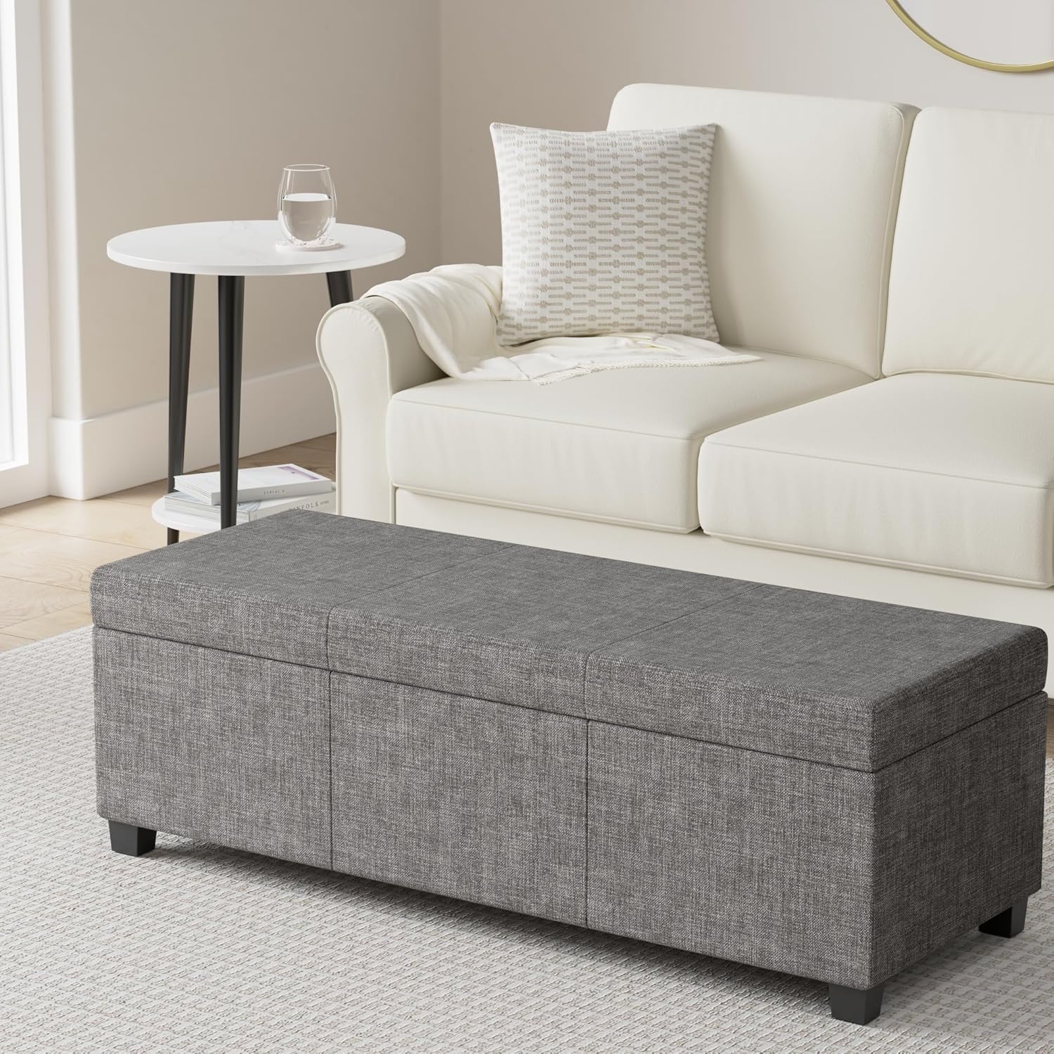 SIMPLIHOME Avalon 48 inch Wide Contemporary Rectangle Storage Ottoman Bench in Dark Grey Tweed Look