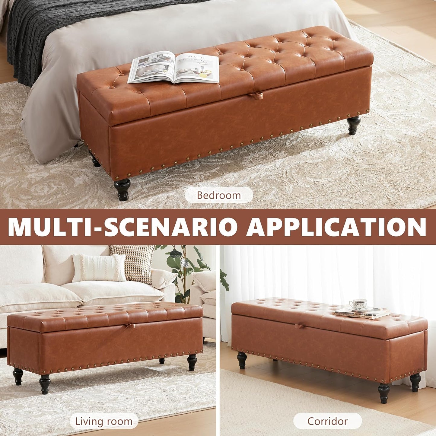 50" Storage Ottoman Bench, Tufted Ottoman with Storage for Living Room, Large End of Bed Ottomans