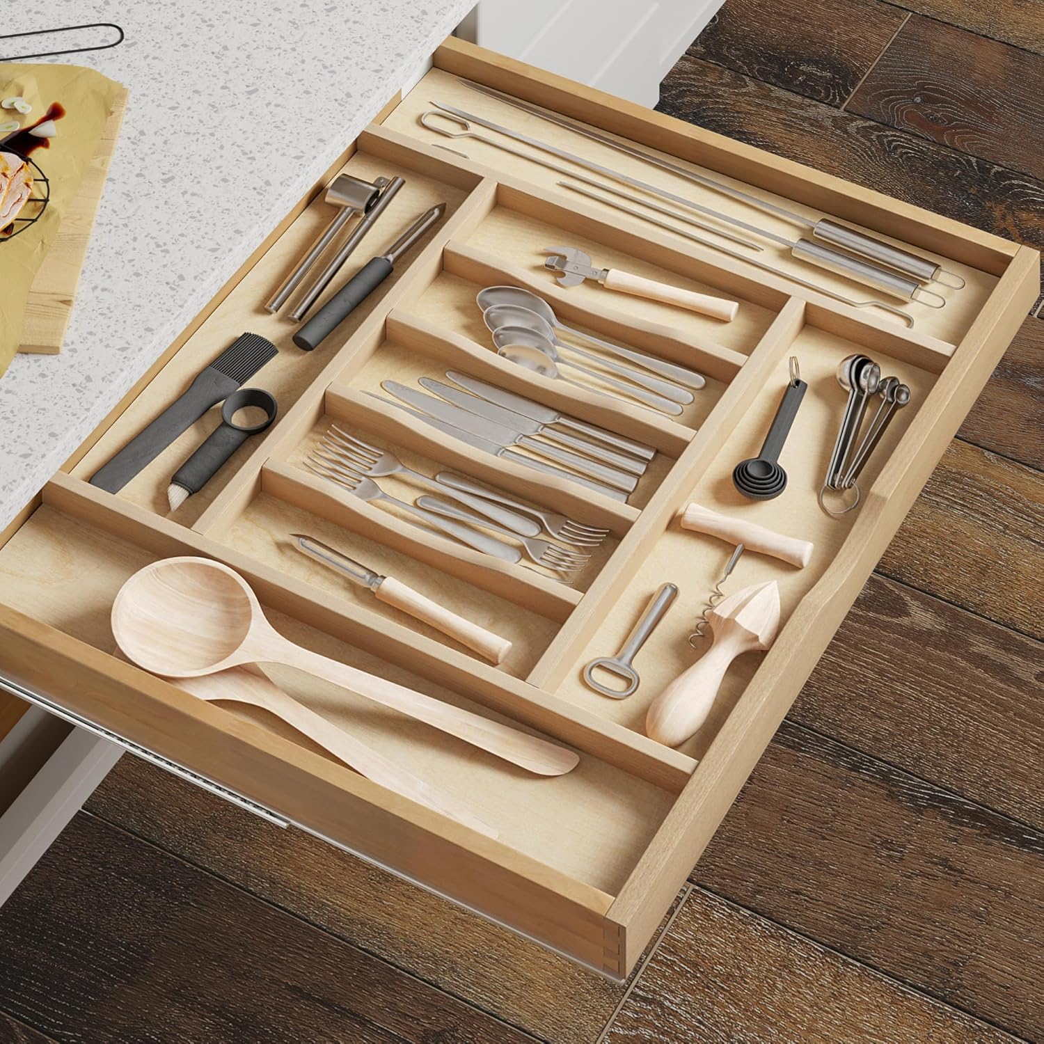 WelFurGeer Premium Wooden Silverware Organizer for Kitchen Drawers, Utensil Tray for Kitchen