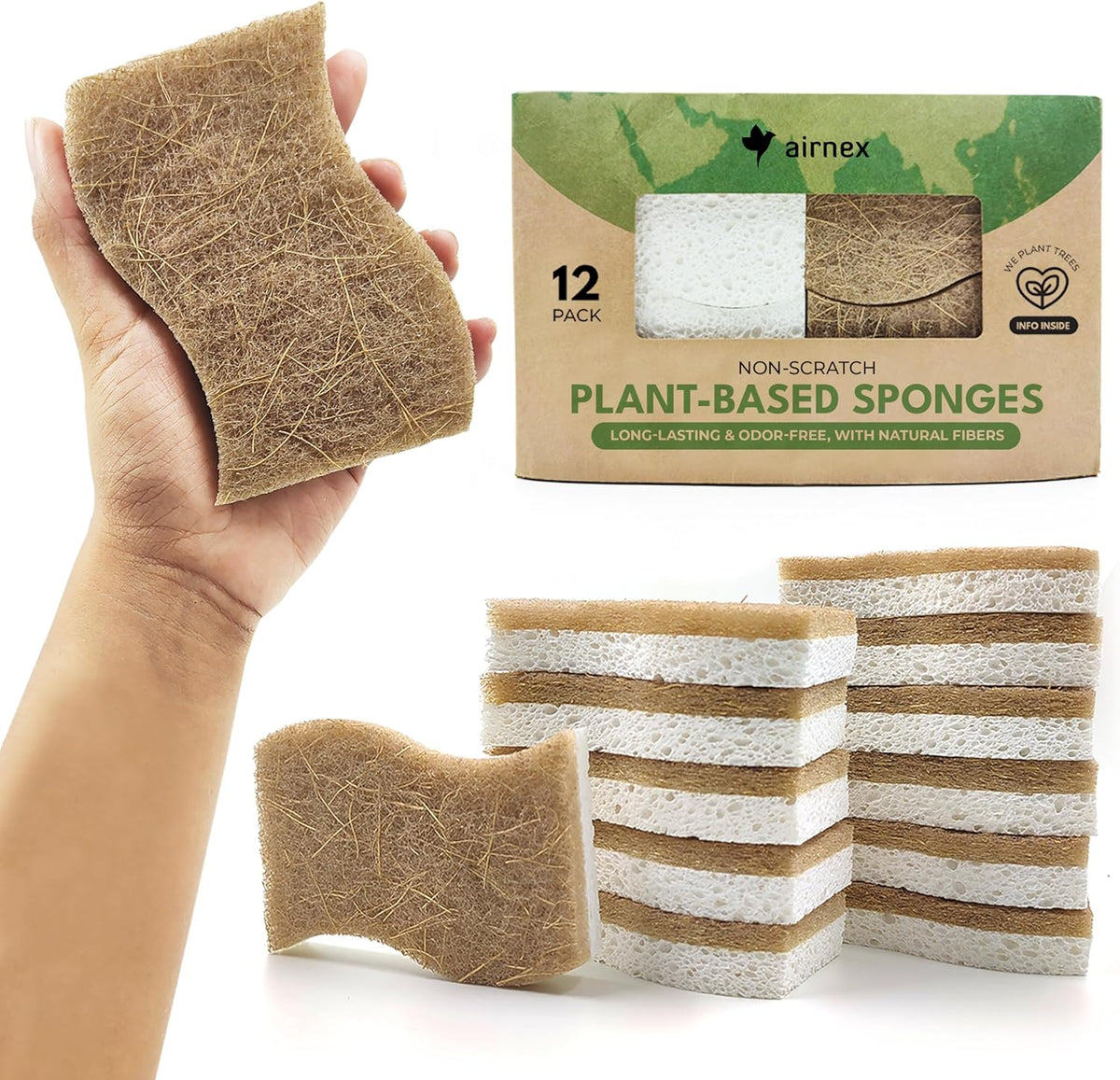 Biodegradable Natural Kitchen Sponge - Compostable Cellulose and Coconut Walnut Scrubber Sponge (12