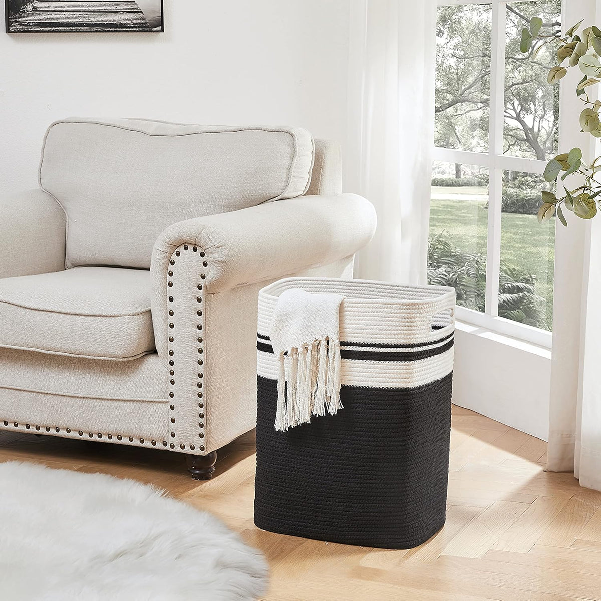 OIAHOMY Laundry Hamper-Laundry Basket,Tall Cotton Storage Basket with Handles,Decorative Blanket