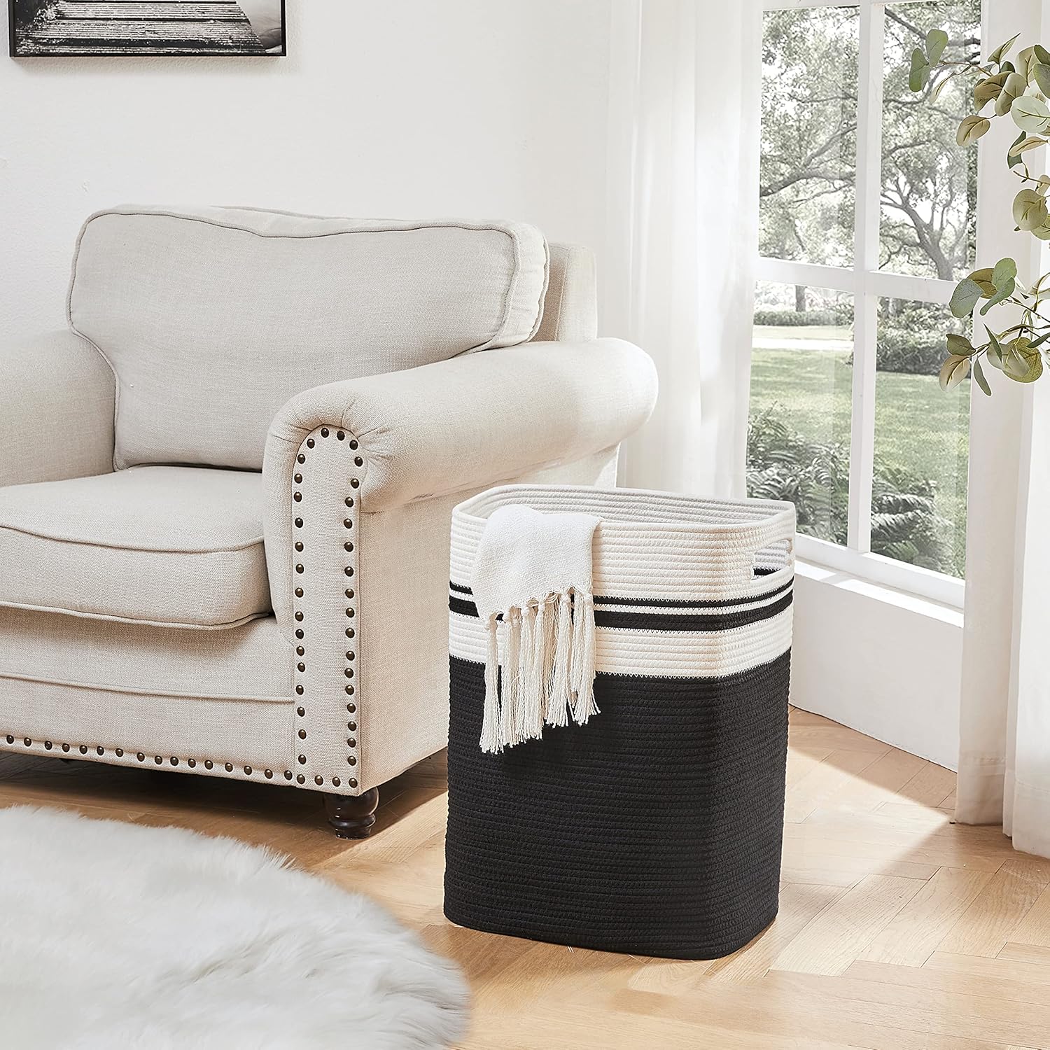 OIAHOMY Laundry Hamper-Laundry Basket,Tall Cotton Storage Basket with Handles,Decorative Blanket