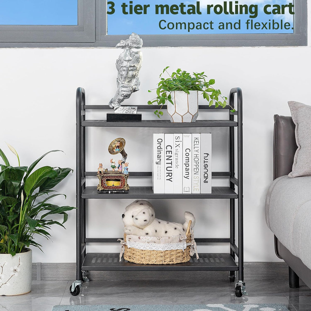 HDANI 3 Tier Metal Rolling Heavy Cart Supports 40 Lbs Per Tier,Rolling Cart with 2 Lockable Wheels