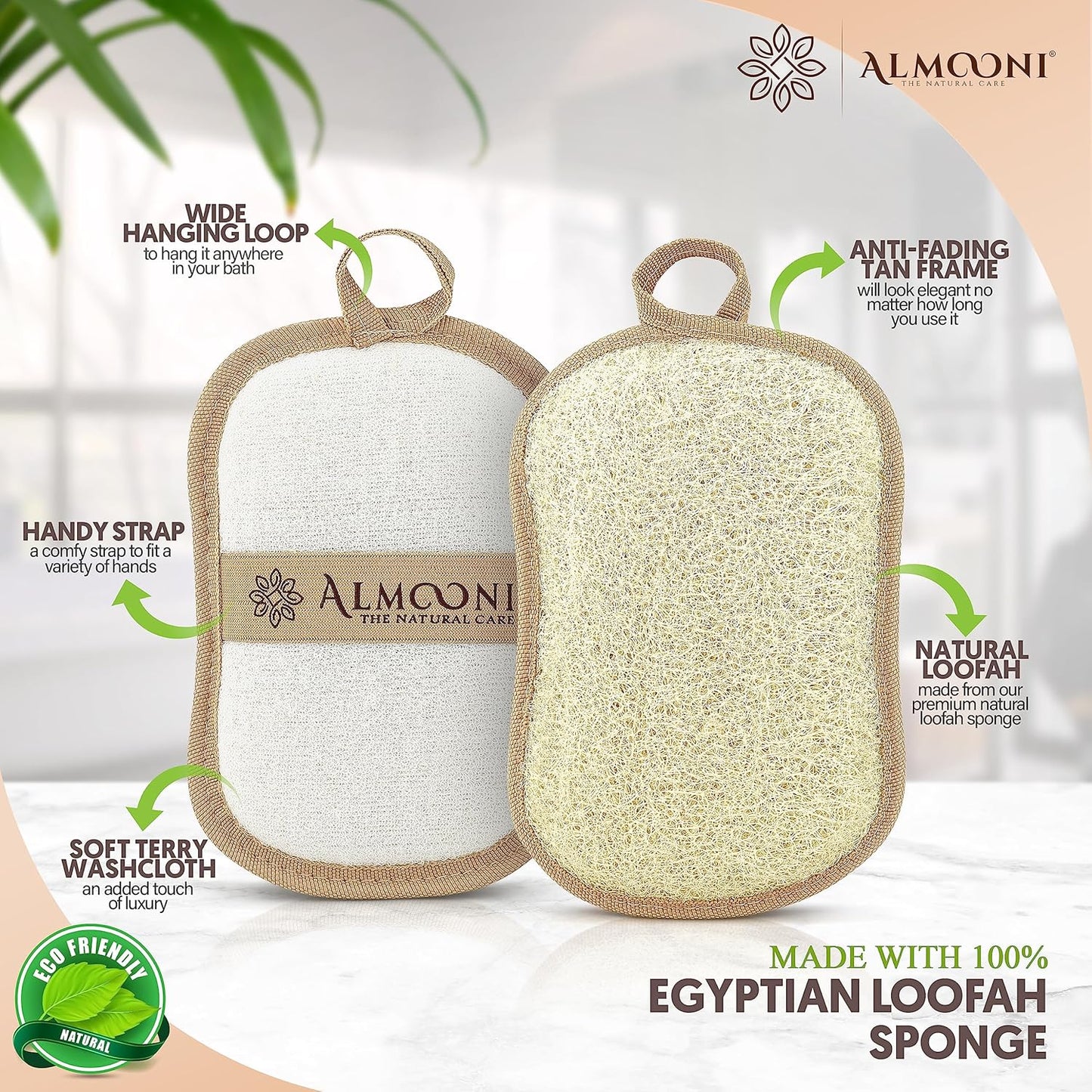 Almooni Premium Exfoliating Loofah Pad Body Scrubber, Made with Natural Egyptian Shower loofa