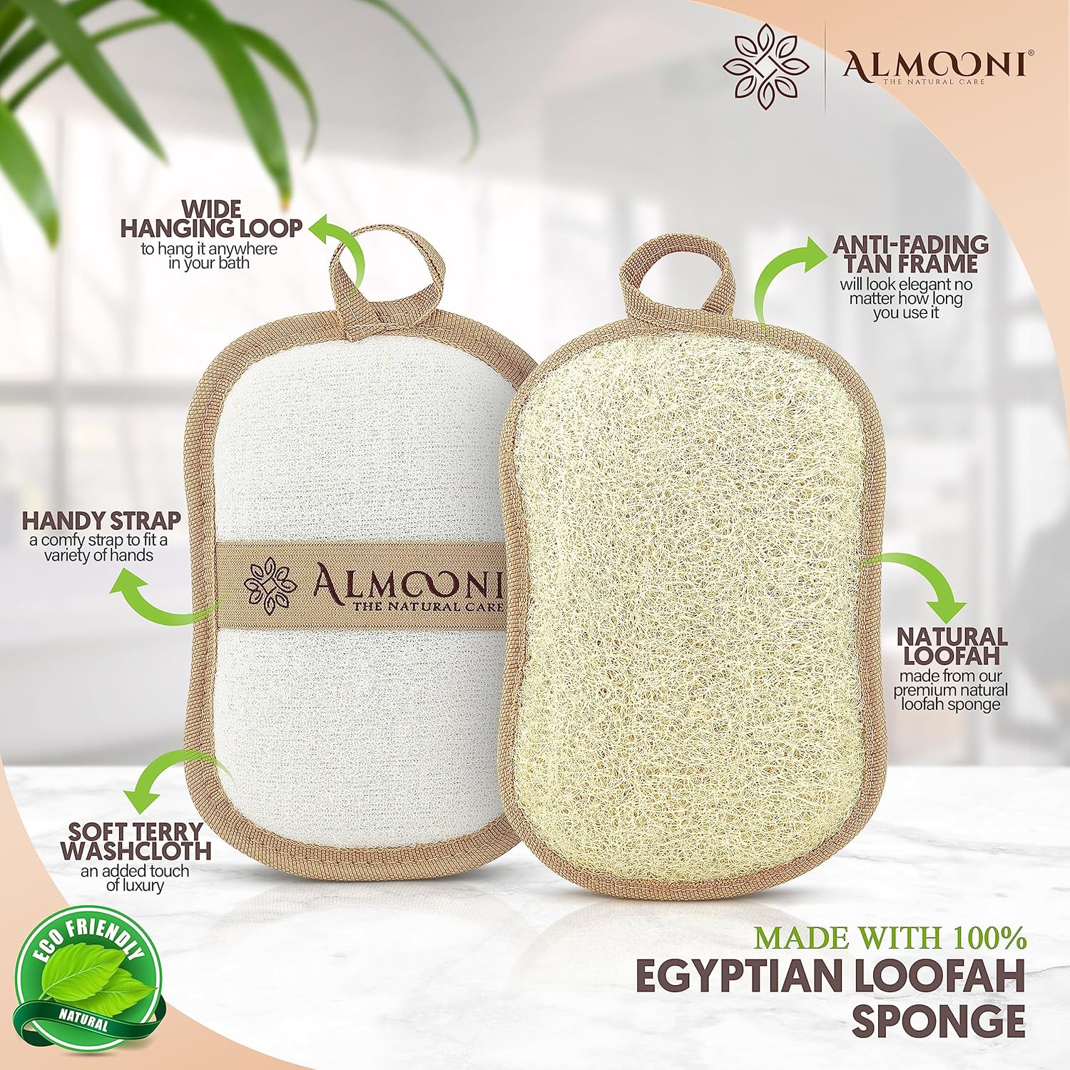 Almooni Premium Exfoliating Loofah Pad Body Scrubber, Made with Natural Egyptian Shower loofa
