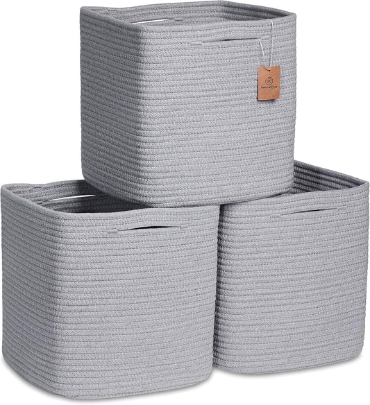 NaturalCozy Storage Cubes 11 Inch Cotton Rope Woven Baskets for Organizing, 3-Pack | Cube Storage