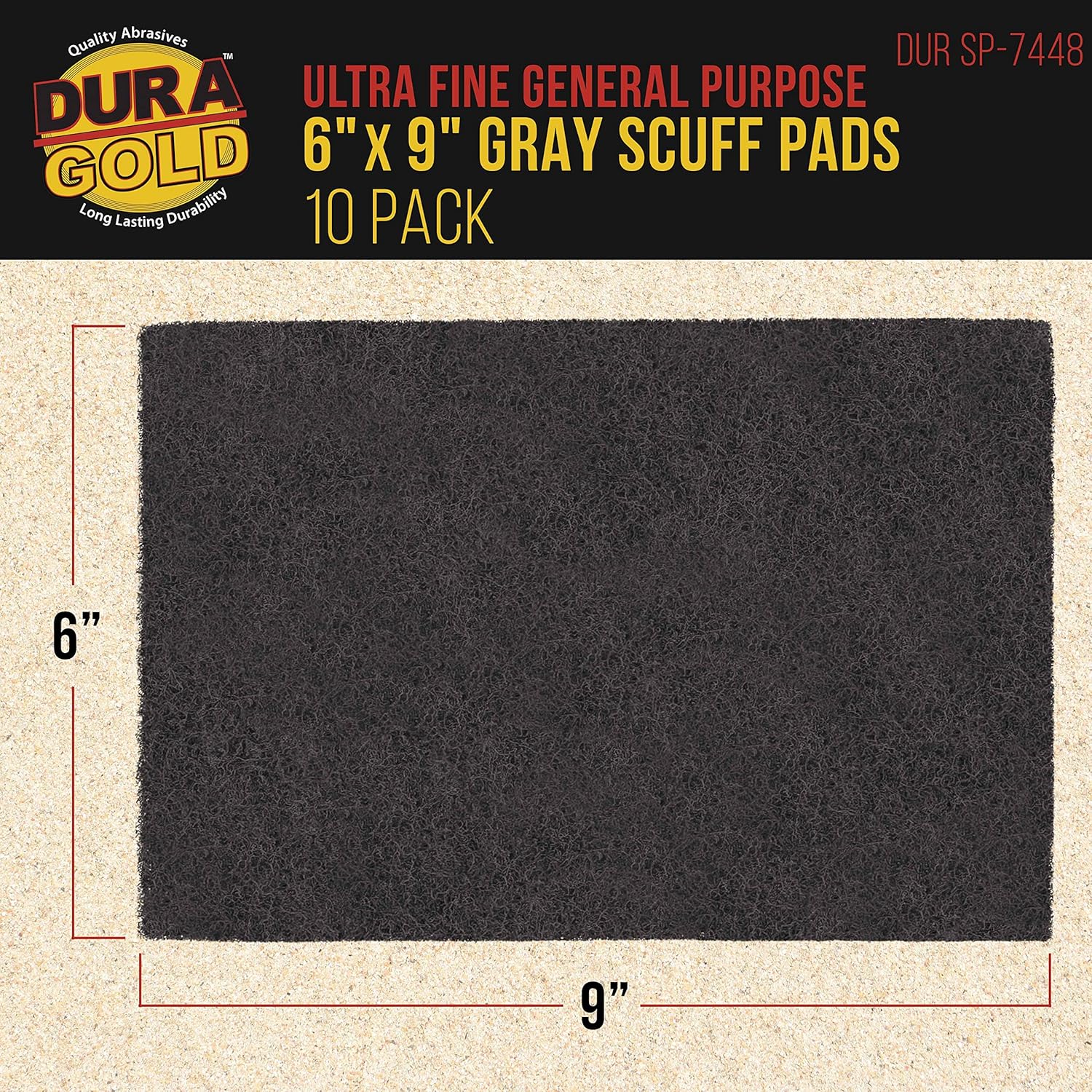 Dura-Gold Premium 6" x 9" Gray Ultra Fine General Purpose Scuff Pads, Box of 10 - Final Scuffing