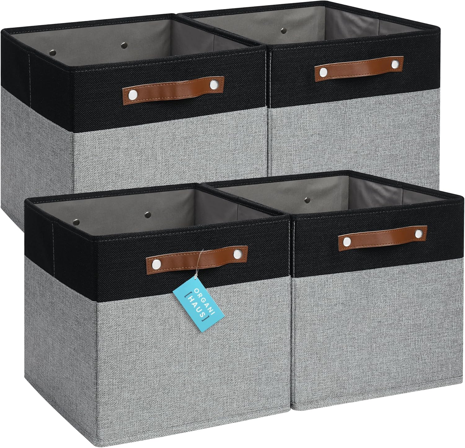 OrganiHaus 12x12 Fabric Storage Bins - Set of 4, Cube Fabric Organizer Bins with Vegan Handles