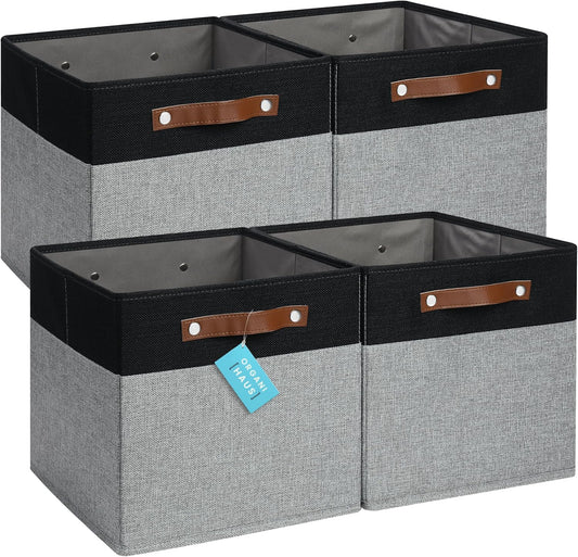 OrganiHaus 12x12 Fabric Storage Bins - Set of 4, Cube Fabric Organizer Bins with Vegan Handles