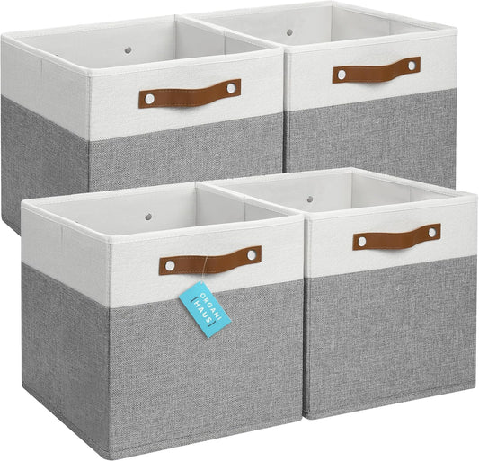 OrganiHaus 12x12 Fabric Storage Bins - Set of 4, Cube Fabric Organizer Bins with Vegan Handles
