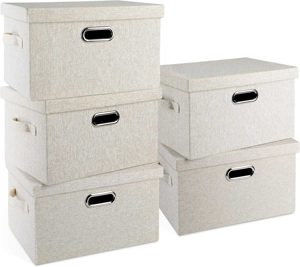 Medium 15" 21 Quart Collapsible Stackable Storage Bins with Lids, 5 Packs Beige Foldable Fabric
