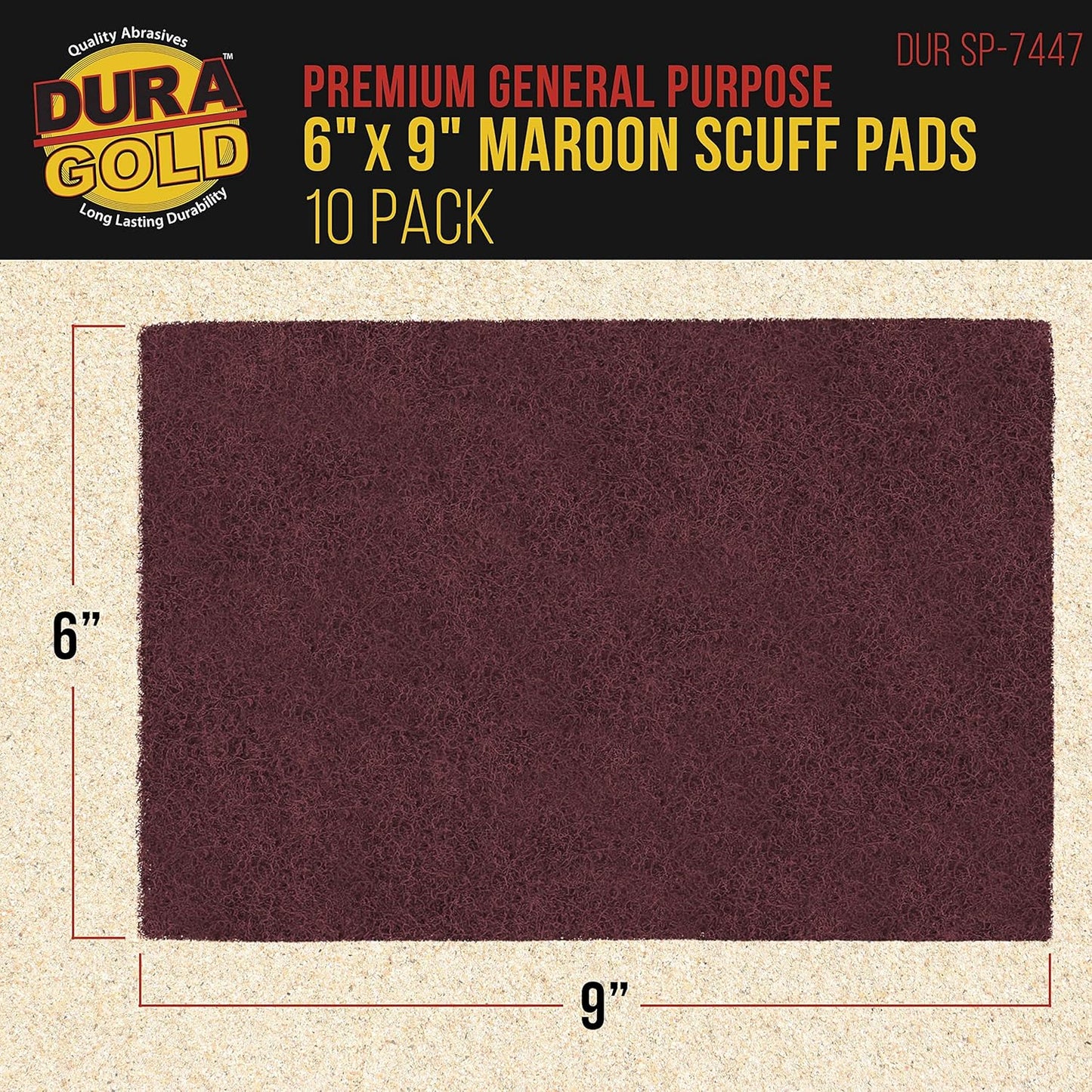 Dura-Gold Premium 6" x 9" Maroon General Purpose Scuff Pads, Box of 10 - Scuffing, Scouring