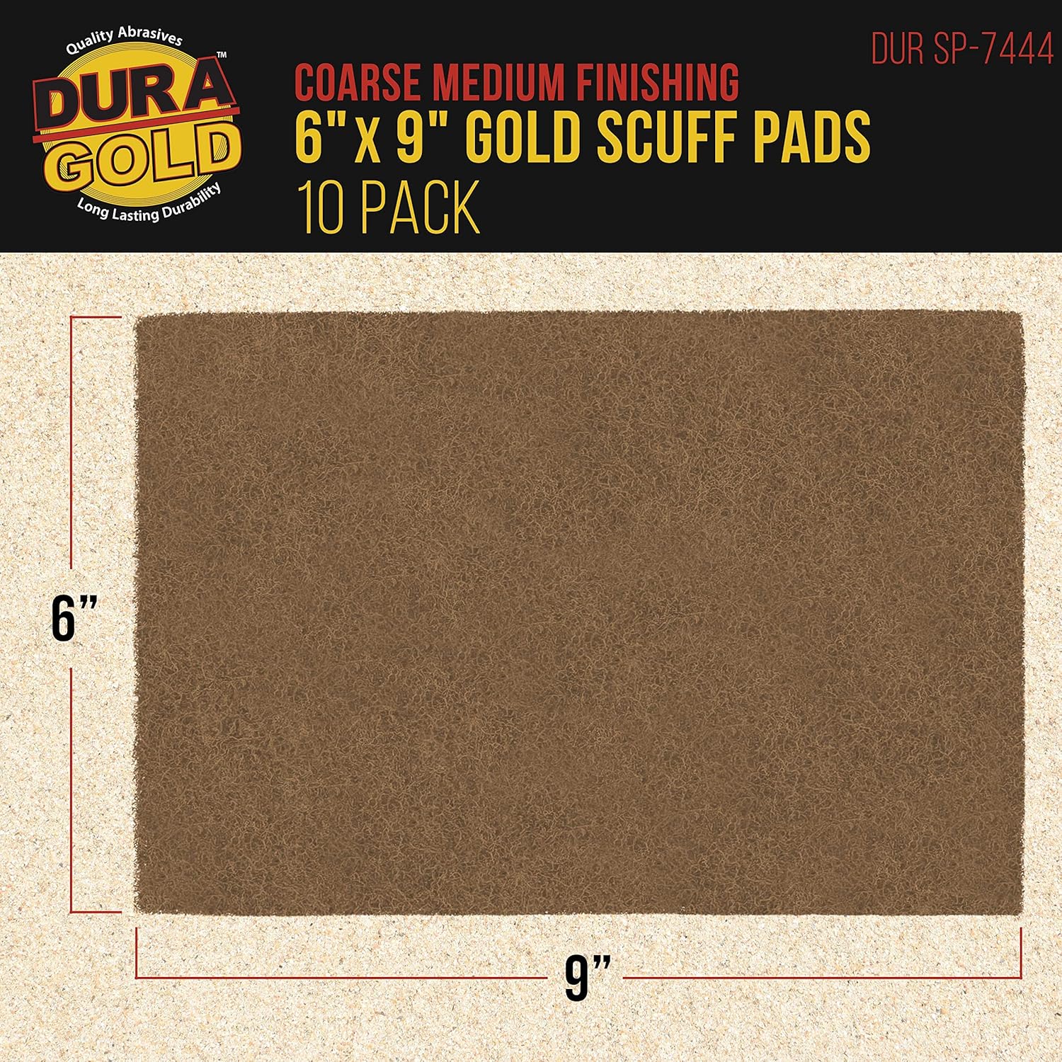Dura-Gold Premium 6" x 9" Gold Coarse Scuff Pads, Box of 10 - Scuffing, Scouring, Sanding, Paint
