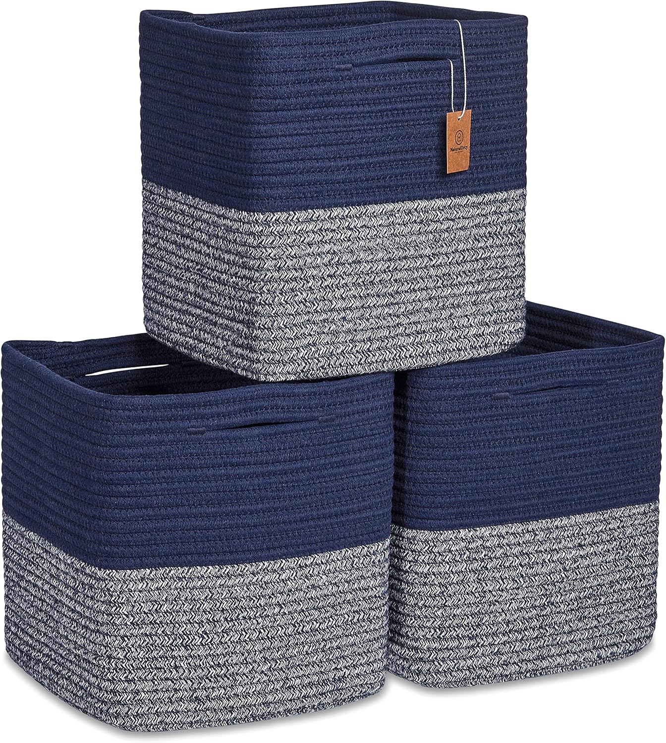 NaturalCozy Storage Cubes 11 Inch Cotton Rope Woven Baskets for Organizing, 3-Pack | Cube Storage
