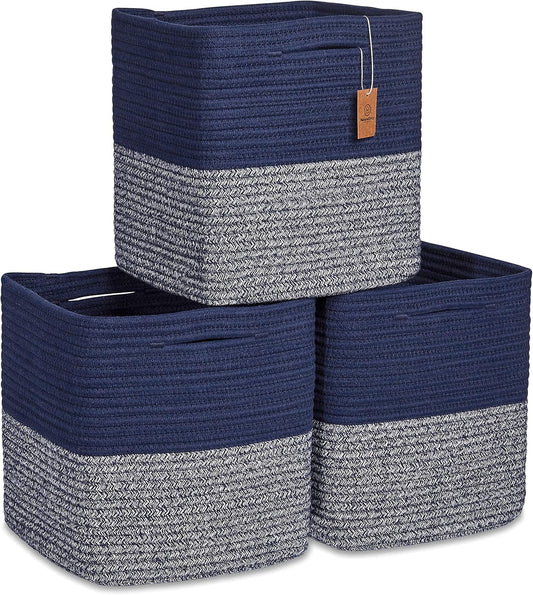 NaturalCozy Storage Cubes 11 Inch Cotton Rope Woven Baskets for Organizing, 3-Pack | Cube Storage