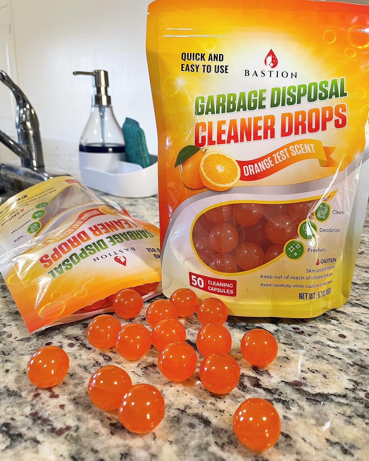 Bastion Garbage Disposal Cleaner and Deodorizer Drops- [[50-Count]] Orange Zest Scented Kitchen
