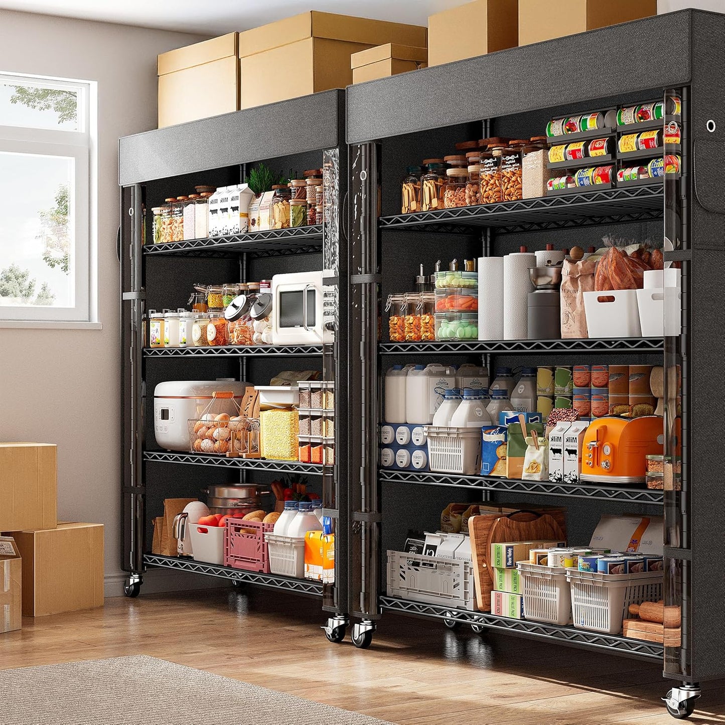 REIBII 72.8" H Storage Shelves with Wheels Wire Shelving Cover Heavy Duty Metal Shelving for Pantry