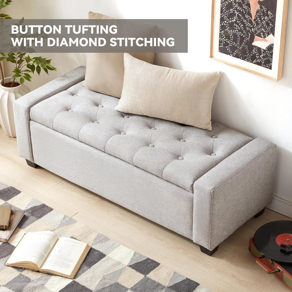 48" Ottoman with Storage, Large Storage Ottoman Bench for Bedroom with Safety Hinge, Upholstered