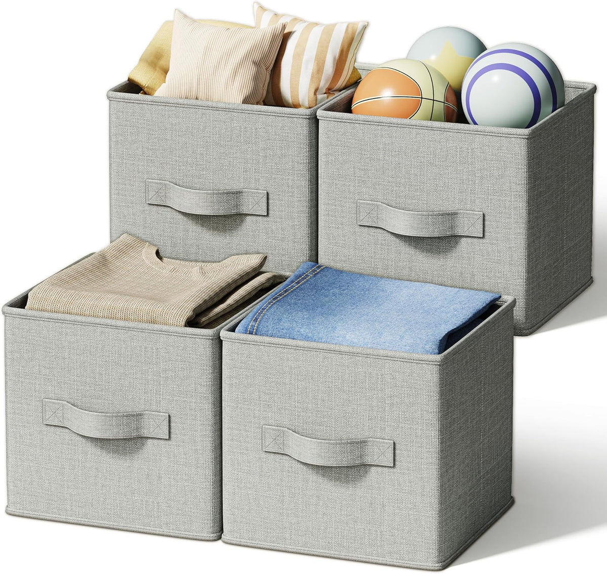 4 Pack Foldable Fabric Closet Storage Bins, 11Inch Organizer Cubes with Handles, Linen Storage