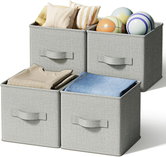 4 Pack Foldable Fabric Closet Storage Bins, 11Inch Organizer Cubes with Handles, Linen Storage