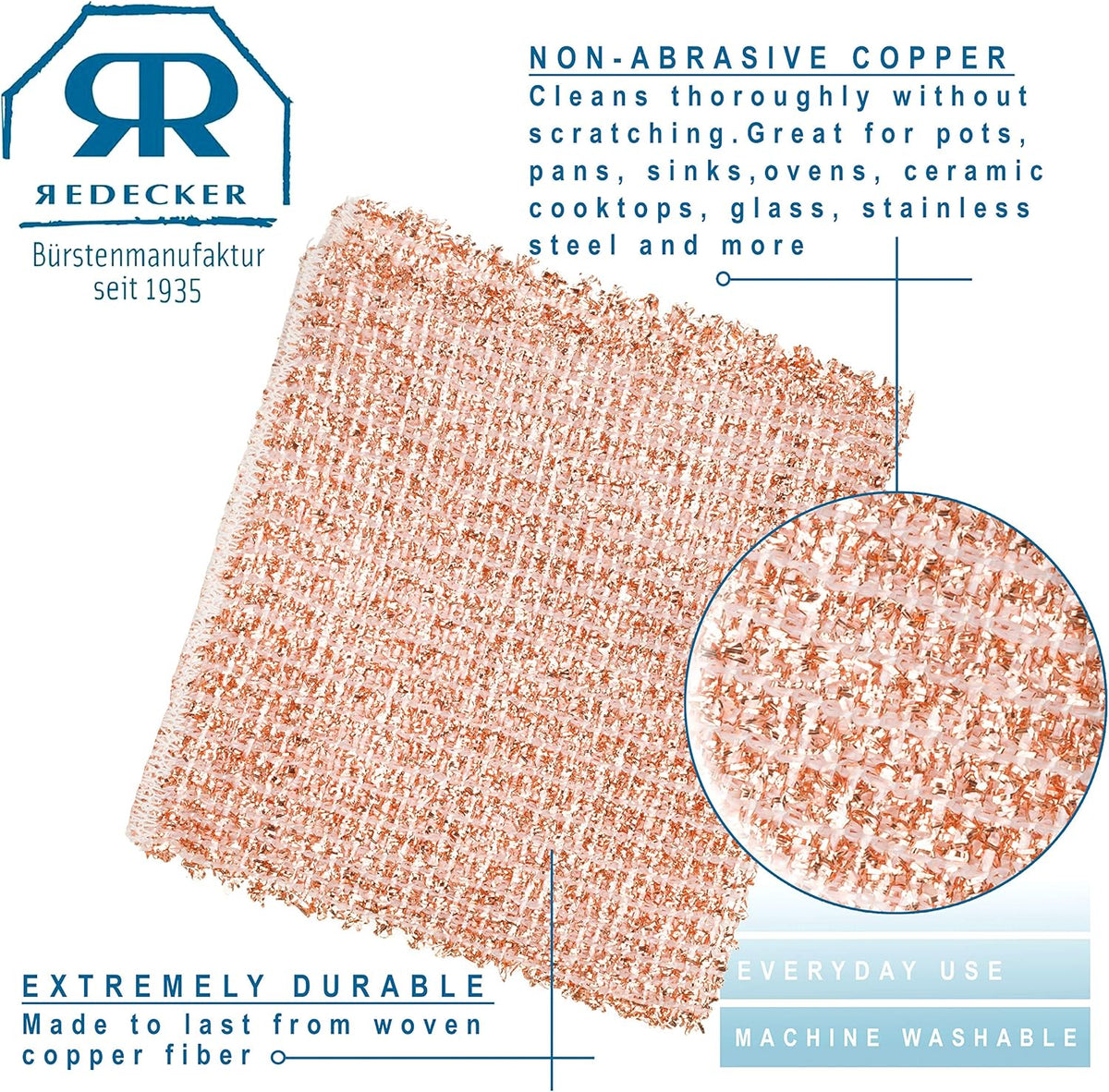 Redecker Real Copper Cleaning Cloths – Scratch-Free 2-Ply Woven Copper Scrub Pads for Pots, Pans