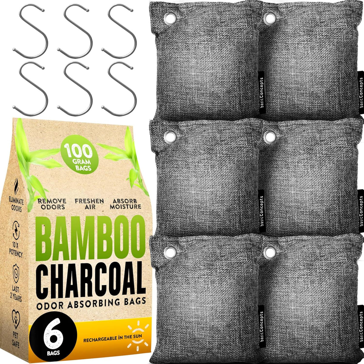 Charcoal Odor Absorber for Strong Odor (6 Pack, 100g each), Bamboo Charcoal Air Purifying Bag