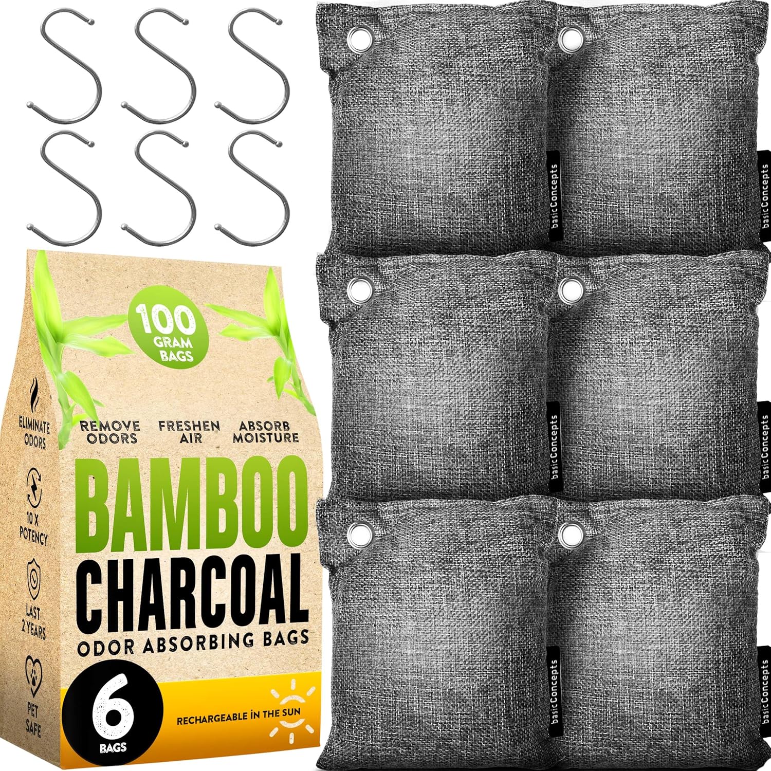 Charcoal Odor Absorber for Strong Odor (6 Pack, 100g each), Bamboo Charcoal Air Purifying Bag