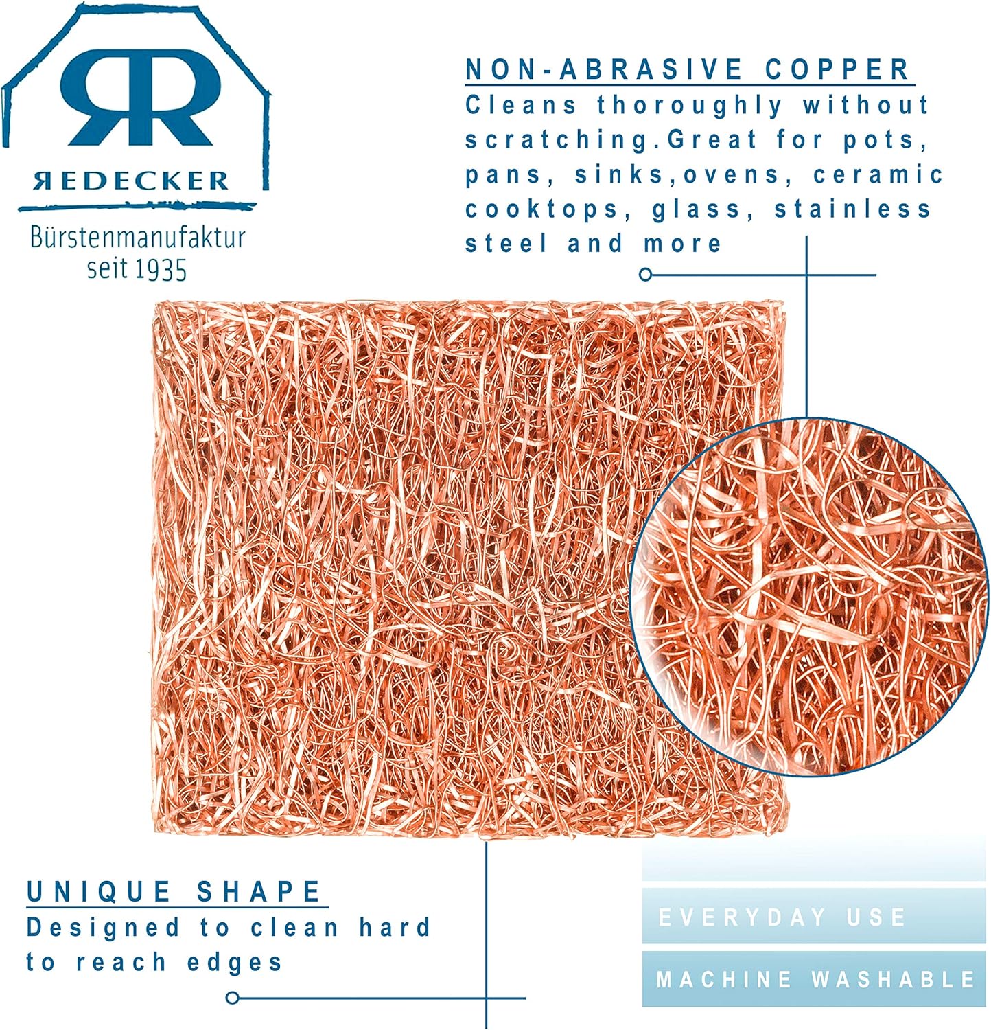 Redecker Copper Thread Mini Scrubber, 2 x 1-5/8 inches, Non-Abrasive Scouring Pad, Scrubber for