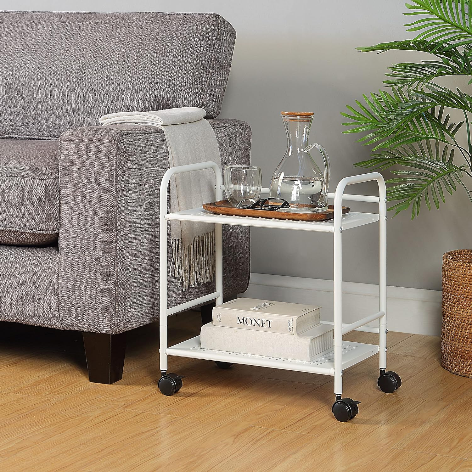 SunnyPoint 2-Tier Metal Rolling Utility Cart – Mobile Storage Shelf with Caster Wheels – Small