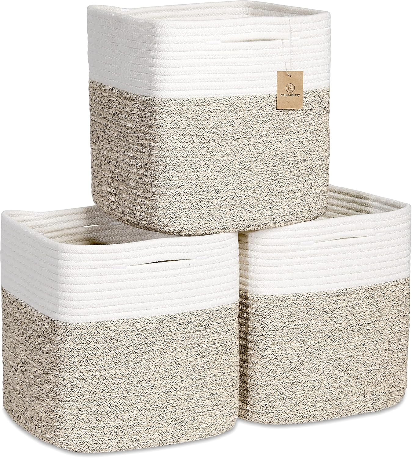 NaturalCozy Storage Cubes 11 Inch Cotton Rope Woven Baskets for Organizing, 3-Pack | Cube Bin