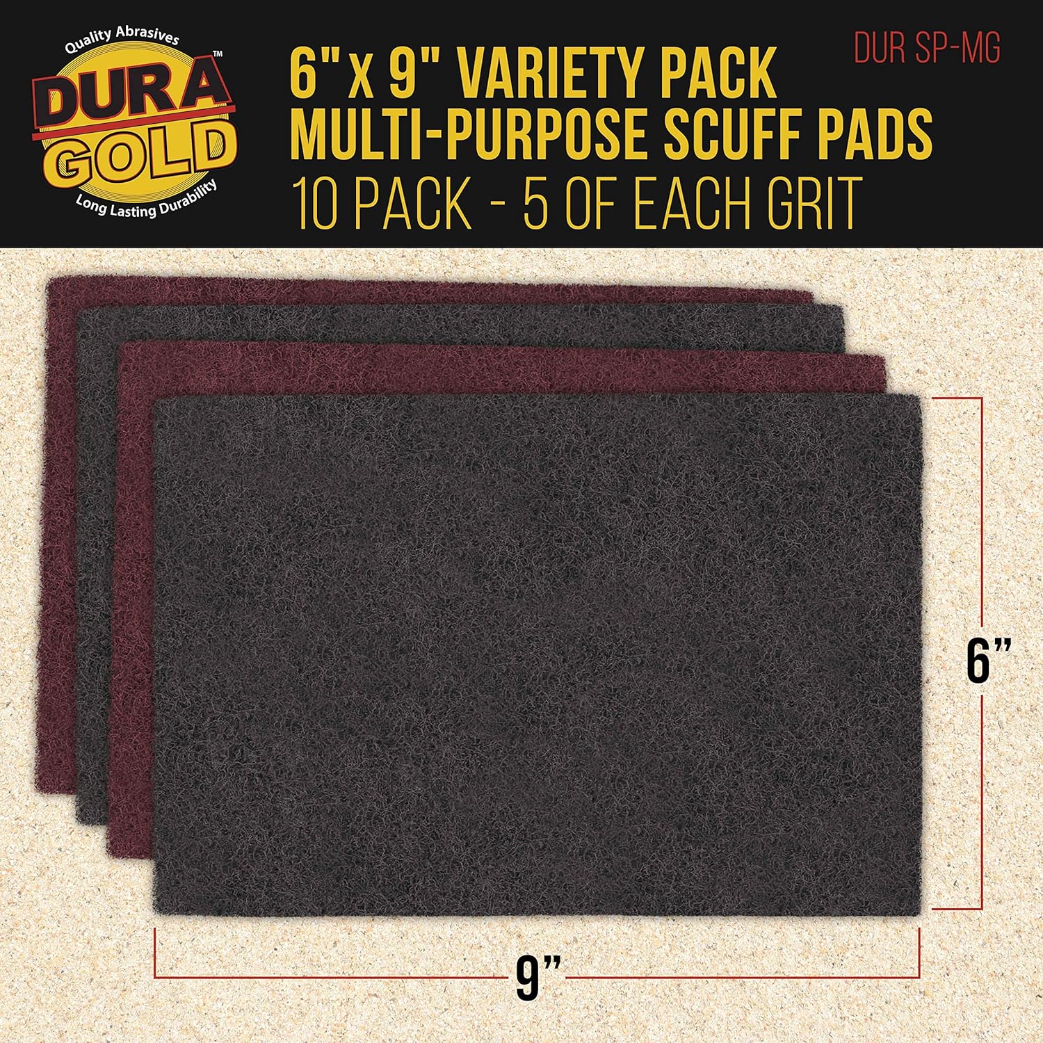 Dura-Gold Premium 6" x 9" Scuff Pads, 5 Each Maroon General Purpose & 5 Each Gray Ultra Fine