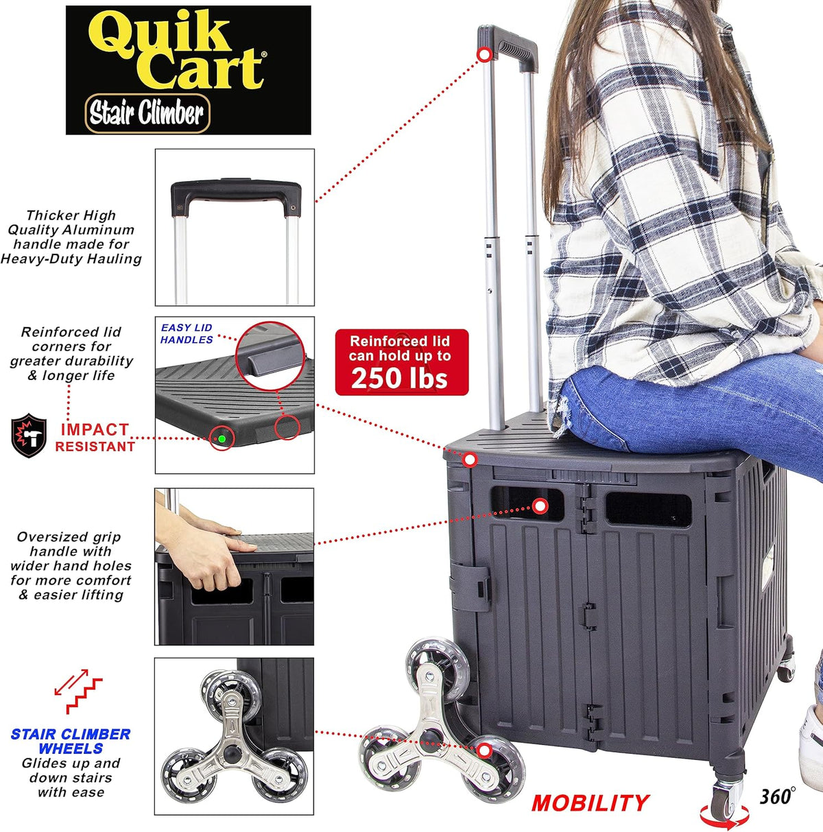 dbest products Quik Cart Stair Climber Wheeled Rolling Crate Teacher Utility with seat Heavy Duty