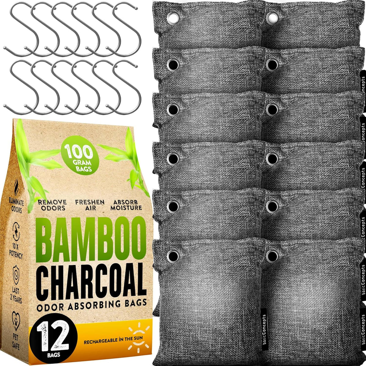Charcoal Odor Absorber for Strong Odor (Large, 12 Pack, 100g each), Perfect for Smelly Shoes