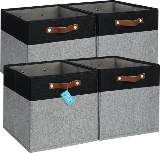 OrganiHaus 13x13 Cube Fabric Storage Bins Set of 4, Fabric Storage Cubes w/ Vegan Handles, 13 inch