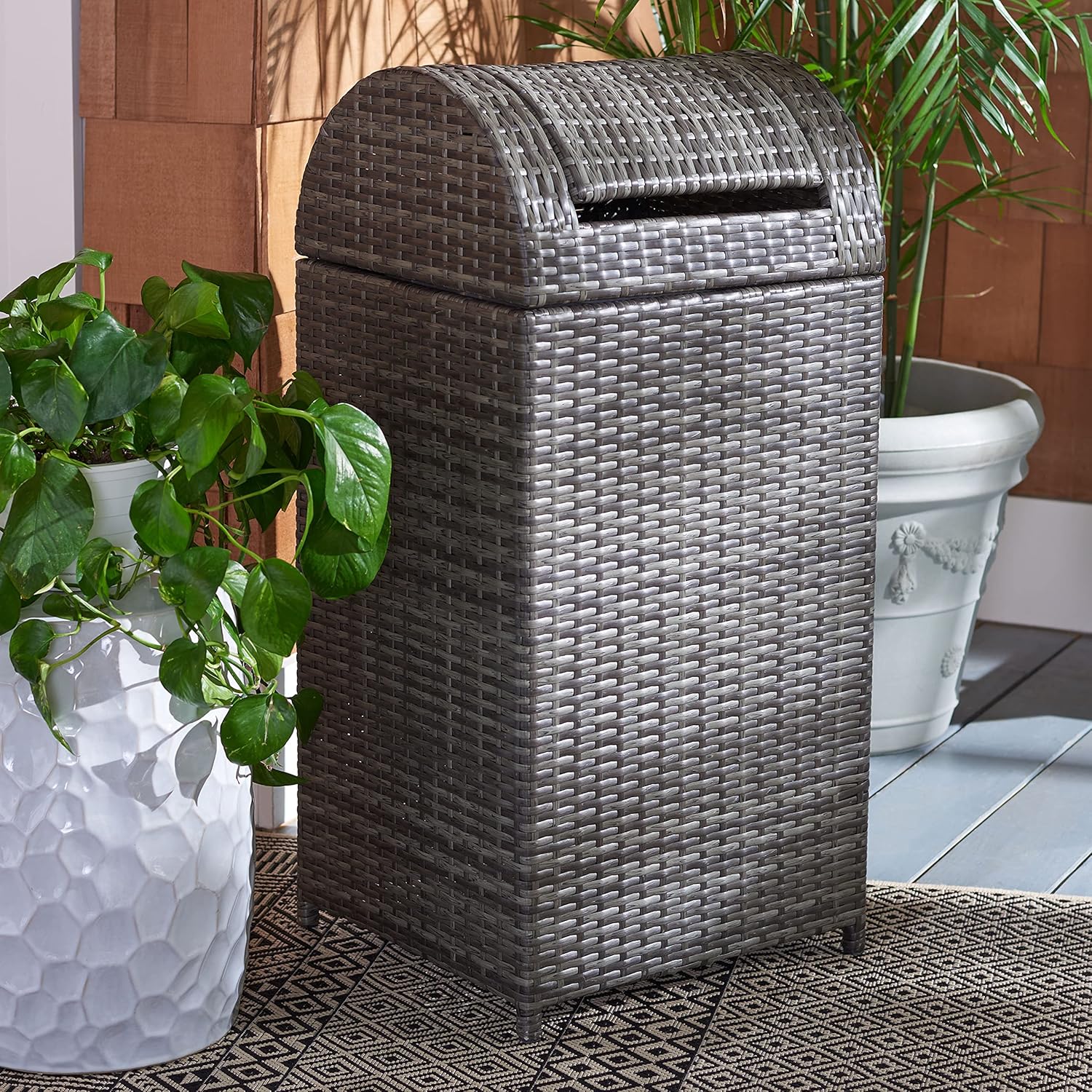 SAFAVIEH Outdoor Collection Mazeli Grey Brown Woven Swing Top Dome Lid Trash Bin (Fully Assembled)