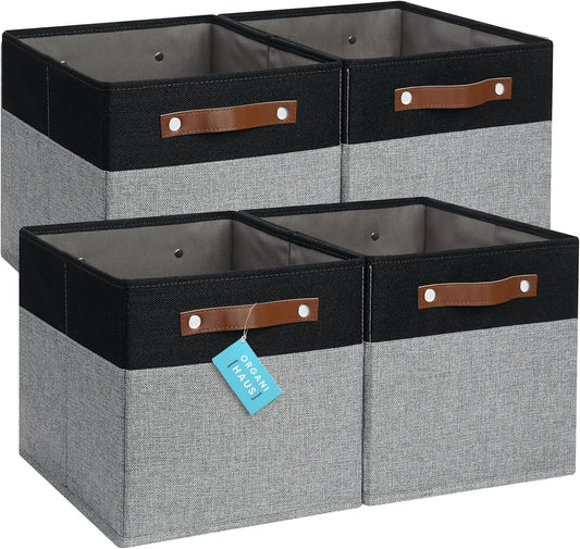 OrganiHaus 11x11 Cube Storage Bins - Set of 4, Fabric Cubby Bins with Vegan Handles, Square Storage