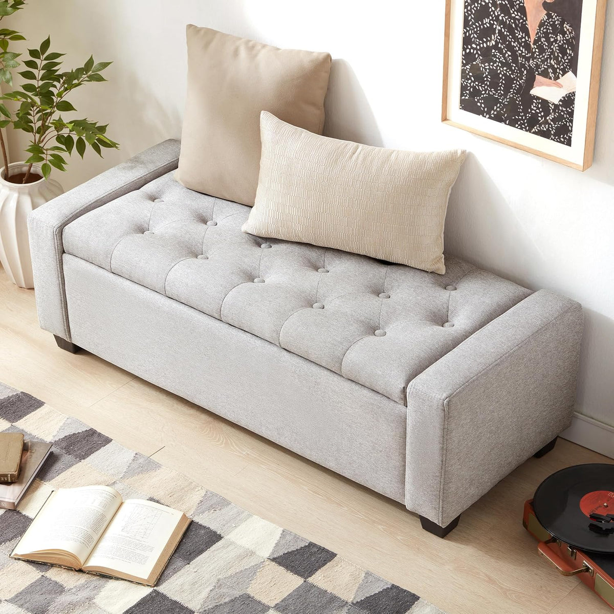 48" Ottoman with Storage, Storage Ottoman Bench with Safety Hinge, Upholstered Entryway Bench with