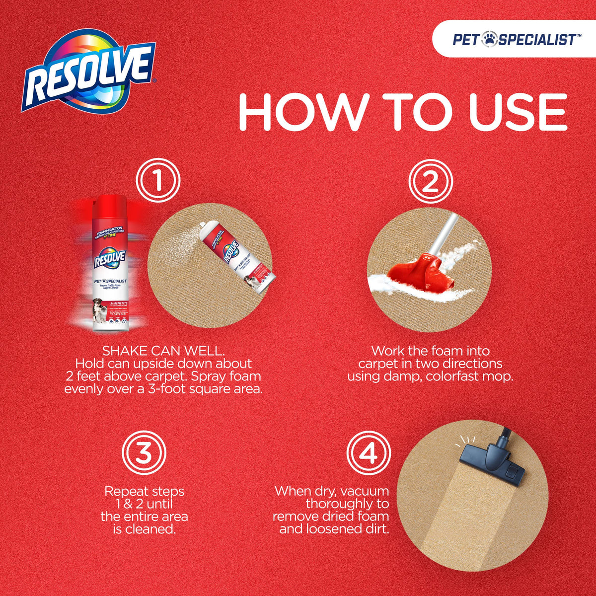 Resolve Pet Specialist Heavy Traffic Foam Carpet Cleaner, Pet Stain & Odor Remover, 22 oz Cans, 2