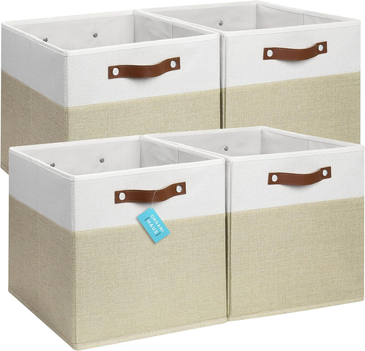 OrganiHaus 13x13 Cube Fabric Storage Bins Set of 4, Fabric Storage Cubes w/ Vegan Handles, 13 inch