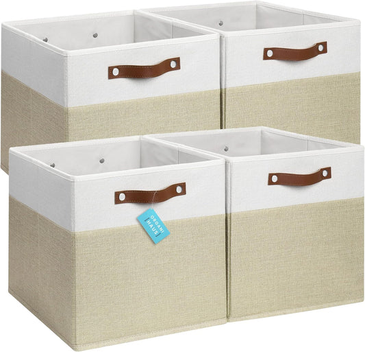 OrganiHaus 13x13 Cube Fabric Storage Bins Set of 4, Fabric Storage Cubes w/ Vegan Handles, 13 inch